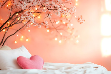 Pink heart pillow on bed with cherry blossoms background. Valentines Day concept.の写真素材