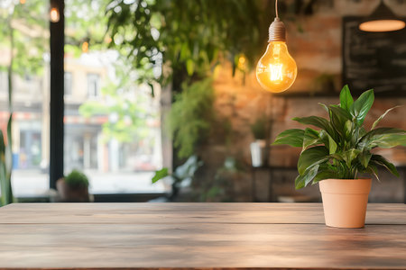 Wooden table and light bulb in coffee shop with bokeh backgroundの写真素材