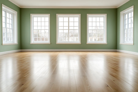 Empty room with green walls and large windows.の写真素材