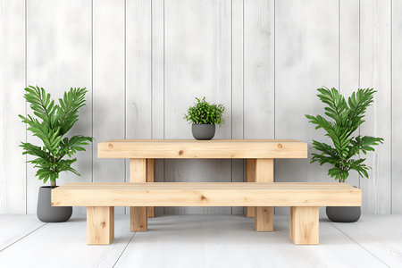 Wooden bench with plants on white wooden background. 3d renderingの写真素材