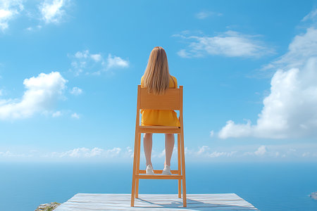 Young woman sitting on a wooden chair and looking at the sea.の写真素材