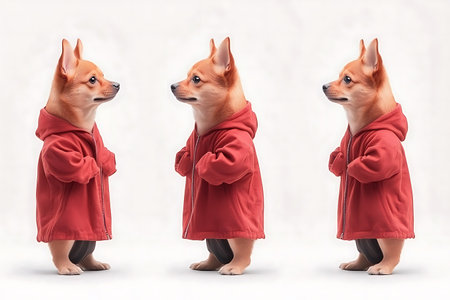 Shiba Inu dog in a red raincoat on a white backgroundの写真素材