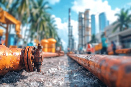 Industrial pipelines and valves on the background of the oil refinery.