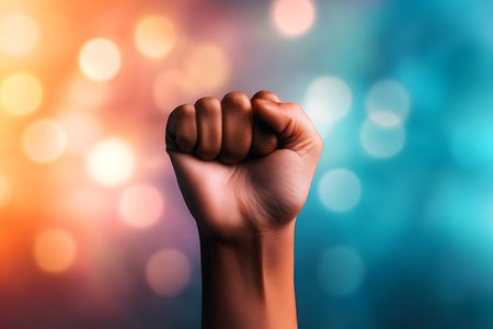 Fist raised up on a colorful bokeh background, strength concept