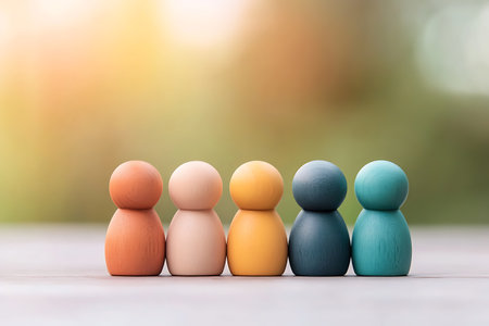 Wooden figures of different colors standing in a row on a wooden tableの写真素材