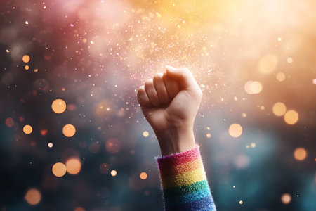 Close up of human hand with glittering sparkle bokeh backgroundの写真素材