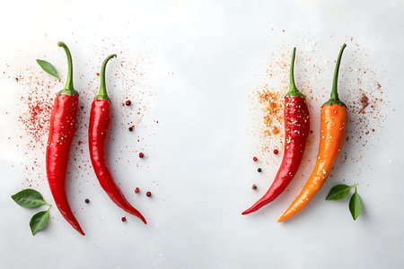 Hot chili peppers with spices on white background, top view. Space for text