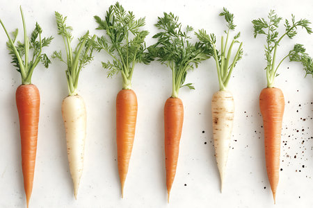 Fresh carrots with green leaves on white background, top view. Organic foodの写真素材