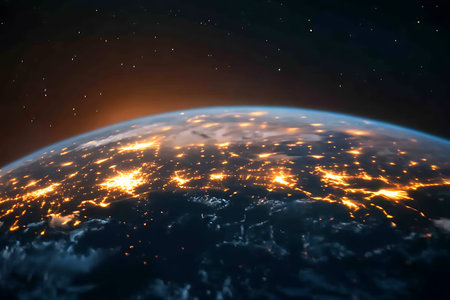 View of the planet Earth from space during a sunrise 3D renderingの写真素材