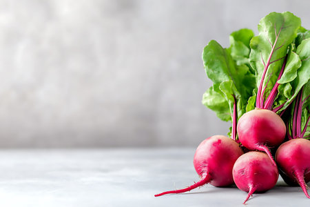 Freshly harvested beetroots with green leaves on light background, copy space