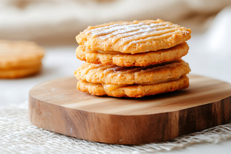 Stack of peanut butter cookies on a wooden board, selective focus.