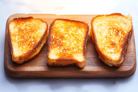 Toasted bread with butter on wooden cutting board over white background.の写真素材