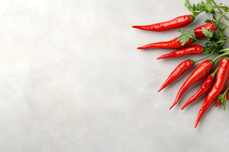 Red hot chili peppers and parsley on light background, top viewの写真素材