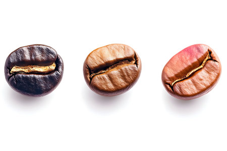 Coffee beans isolated on white background. Top view. Flat lay.の写真素材