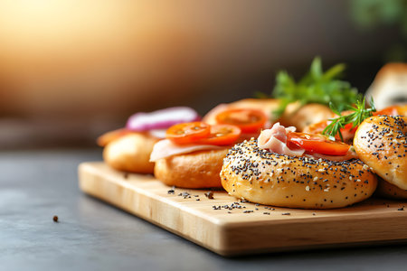 Bagels with ham and tomato on wooden board, closeupの写真素材