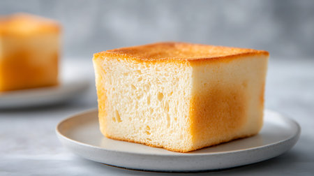 Cheese cake on a white plate on a gray background.