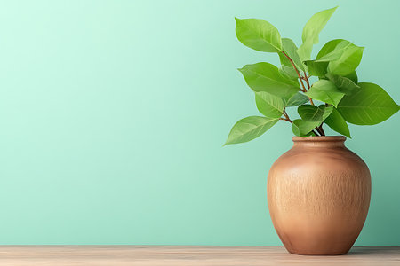 Vase with green plant on wooden table and green wall background.の写真素材