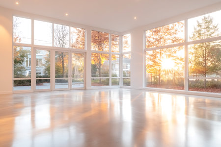 Interior of empty living room with large windows and parquet floor