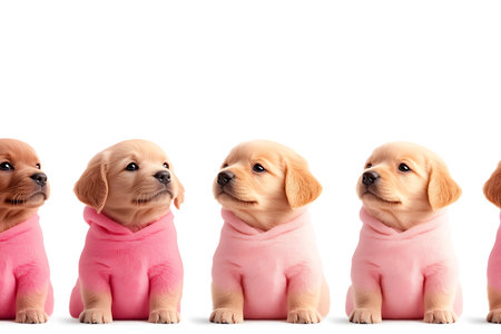 Set of cute golden retriever puppies in pink clothes isolated on white background