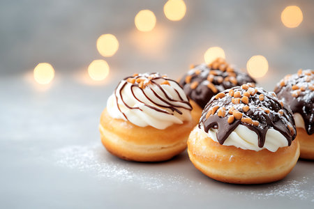 Eclairs with whipped cream and chocolate on a light background.の写真素材
