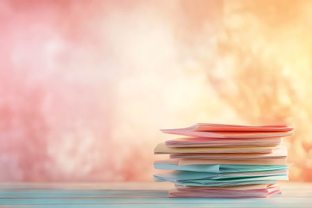 Stack of colorful paper sheets on wooden table over blurred nature background.の写真素材