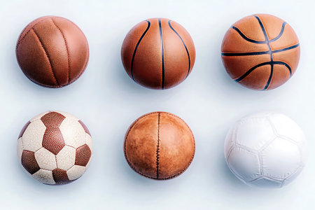 Top view of different sport balls on white background. Flat lay.の写真素材