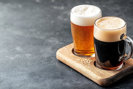 Mug of dark beer with foam on wooden cutting board on dark backgroundの写真素材