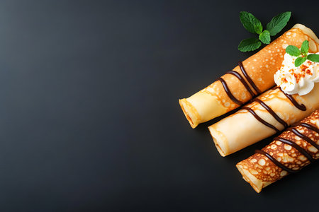 Crepes with sour cream and mint on a black background.の写真素材