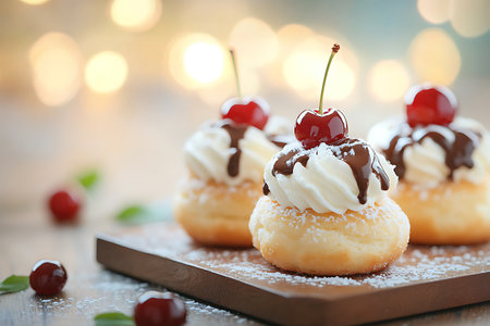 Tasty donuts with cherries and chocolate, closeupの写真素材