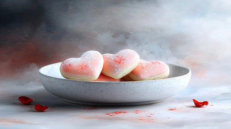 Heart-shaped cookies for Valentine's Day on a white plate with smoke backgroundの写真素材