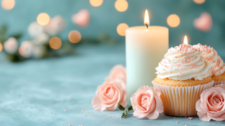 Delicious cupcakes with candles and flowers on table, closeupの写真素材