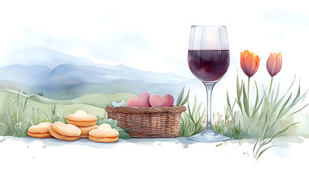 Valentine's day card with a glass of wine, tulips and cookiesの写真素材