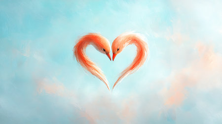 Two flamingo in the form of a heart on a blue backgroundの写真素材