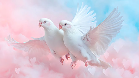 Pair of white doves in love flying in the sky.の写真素材