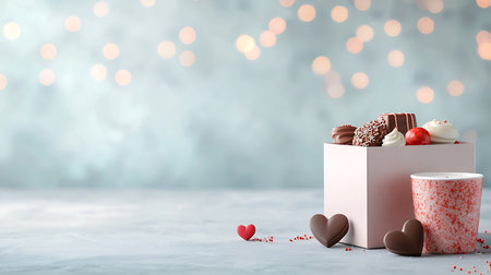 Chocolate candies in gift box with hearts on bokeh backgroundの写真素材
