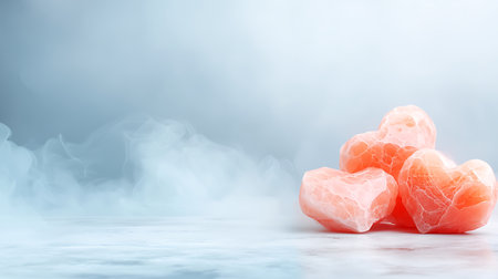 pink heart-shaped candies on blue background with copy spaceの写真素材