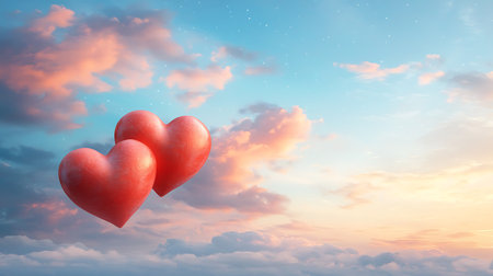 Two red hearts in the sky. Valentine's day background. 3D renderingの写真素材
