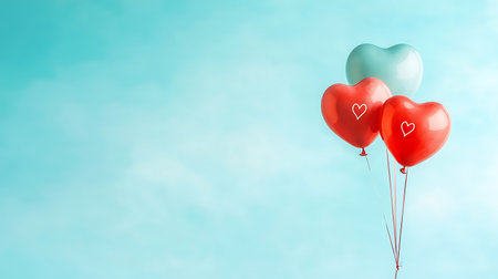 Valentines day background with red and blue heart-shaped balloonsの写真素材