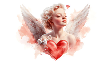 Cute Cupid with red heart on white background. 3D rendering