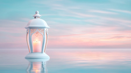 Lantern with burning candle in water. Ramadan Kareem background