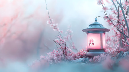 Lantern in the forest with pink flowers. 3d renderingの写真素材