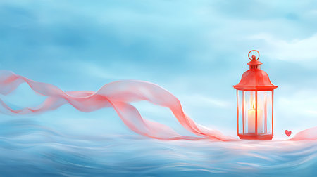 Lantern in the sea with pink fabric. 3d renderingの写真素材