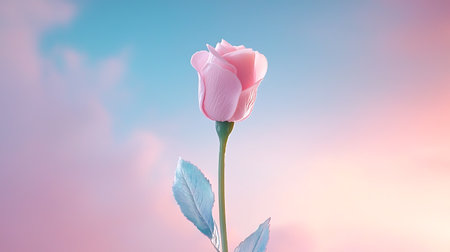 Beautiful pink rose flower on blue sky background with copy space.の写真素材