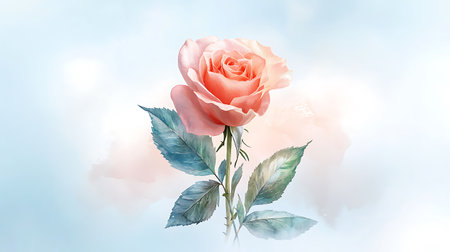 Pink rose on a blue sky background. Watercolor painting. Vector illustration.の写真素材