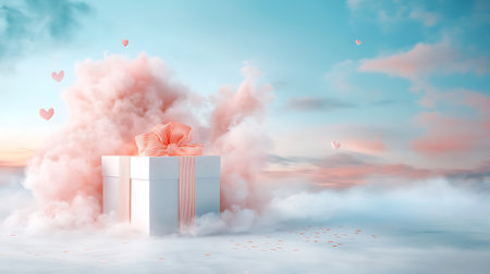 White gift box with red bow and clouds in the sky. 3d renderingの写真素材