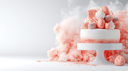 Cake with pink cream and marmalade on white stand. 3d rendering