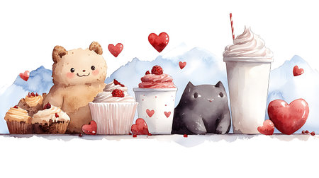 Valentine's day greeting card. Cute cartoon bear, cupcake, cupcake, heart. Watercolor illustrationの写真素材