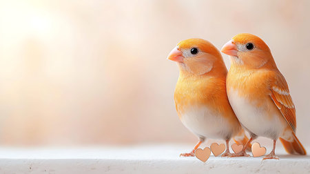Two orange canary birds with hearts on white background. Valentine's day concept.