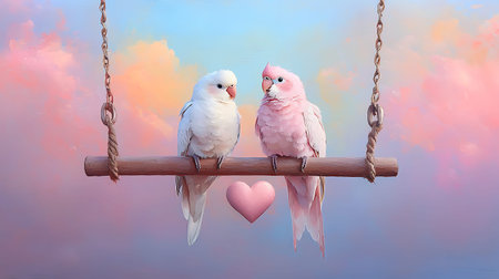 Couple of white and pink parrots sitting on a swing with a red heart