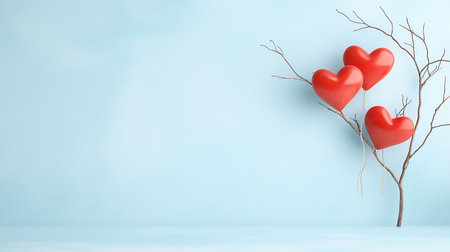 Valentine's day background with red hearts and tree branch on blue backgroundの写真素材